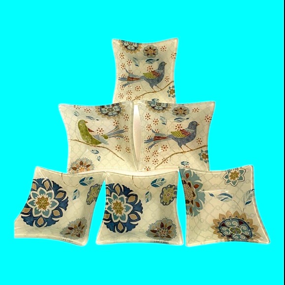 6 Reverse Painted Glass Snack Bowls Abstract Birds Mosaic Design 5" MCM - Picture 1 of 15
